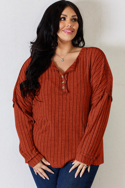 Basic Bae Full Size Ribbed Half Button Long Sleeve T-Shirt - Hopeford Streams