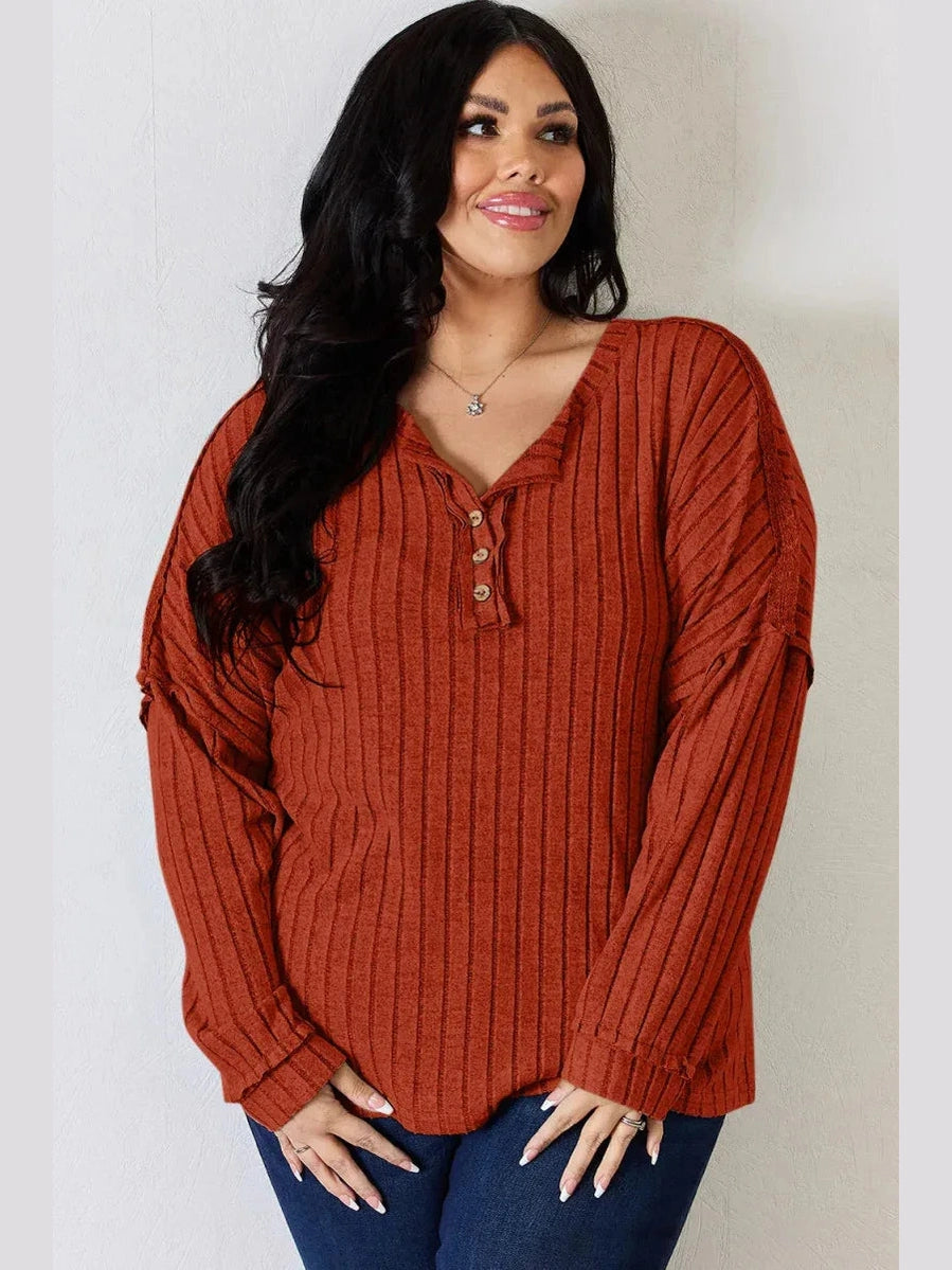 Basic Bae Full Size Ribbed Half Button Long Sleeve T-Shirt -- 