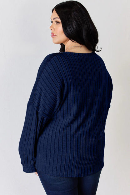 Basic Bae Full Size Ribbed Half Button Long Sleeve T-Shirt - Hopeford Streams