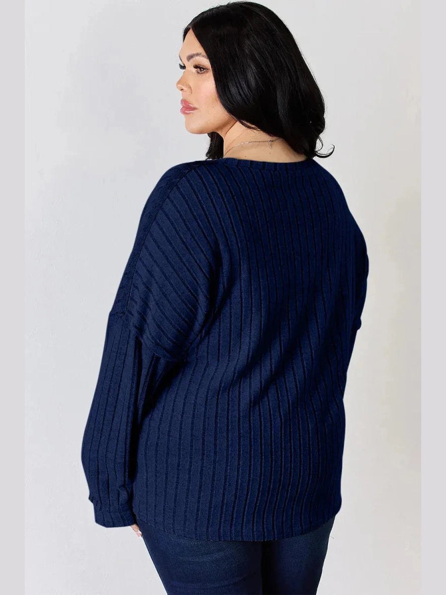Basic Bae Full Size Ribbed Half Button Long Sleeve T-Shirt -- 