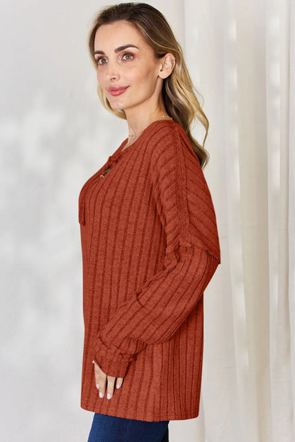 Basic Bae Full Size Ribbed Half Button Long Sleeve T-Shirt - Hopeford Streams