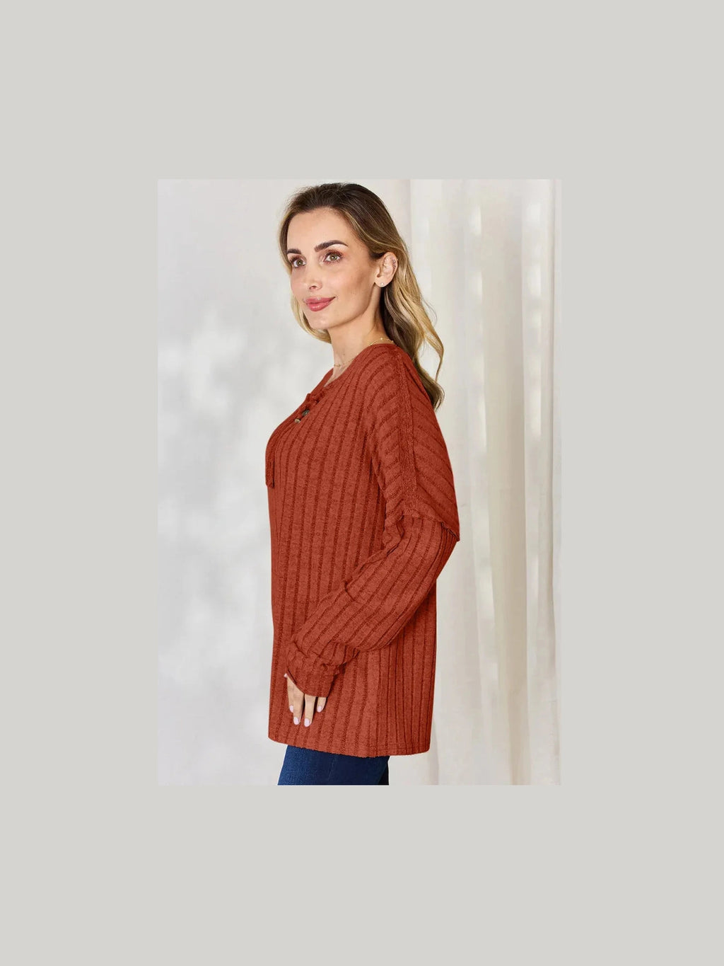 Basic Bae Full Size Ribbed Half Button Long Sleeve T-Shirt -- 