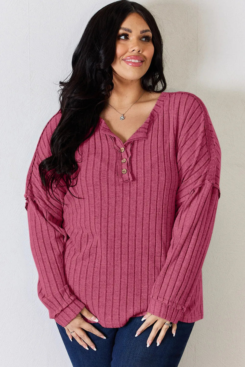 Basic Bae Full Size Ribbed Half Button Long Sleeve T-Shirt - Hopeford Streams