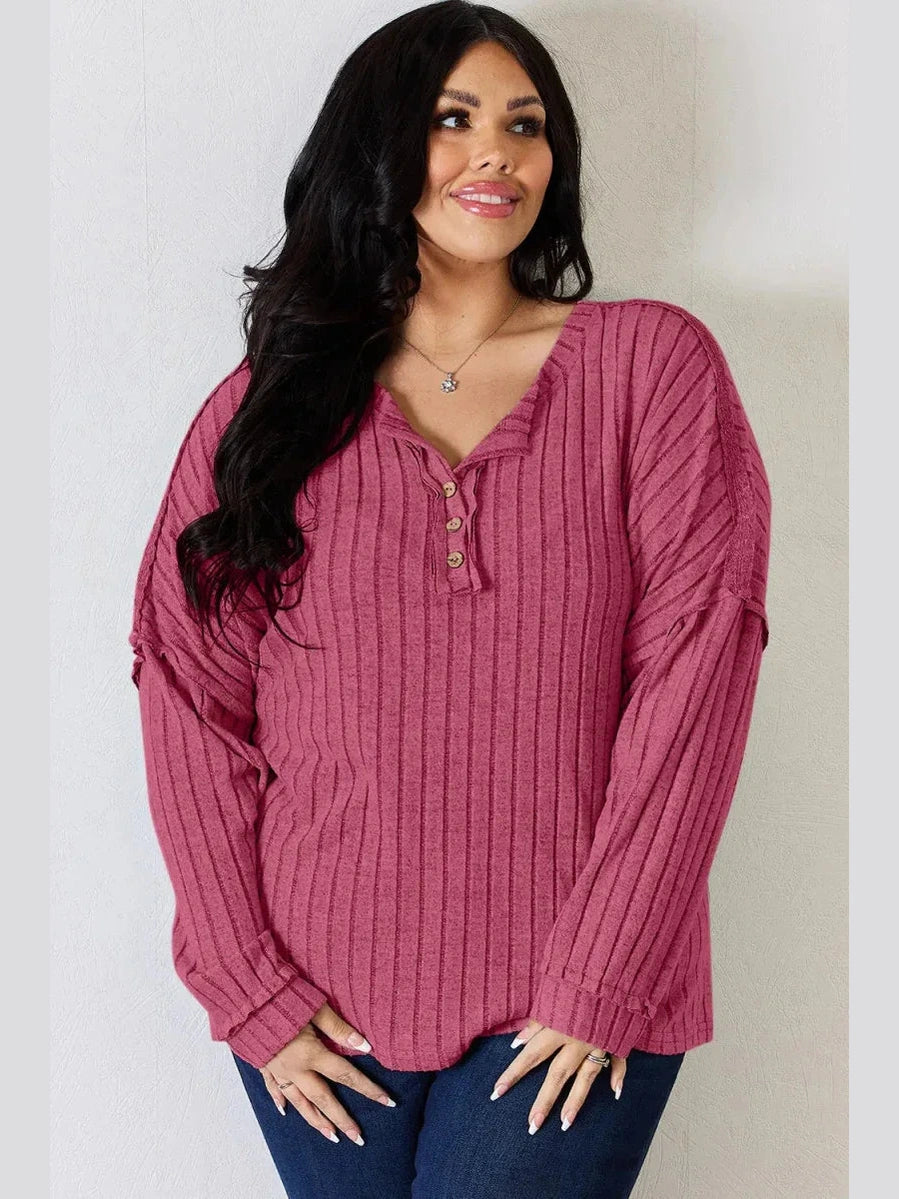 Basic Bae Full Size Ribbed Half Button Long Sleeve T-Shirt -- 