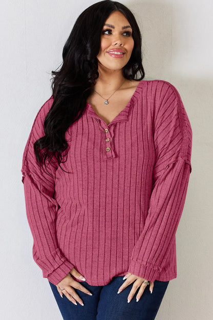 Basic Bae Full Size Ribbed Half Button Long Sleeve T-Shirt - Hopeford Streams