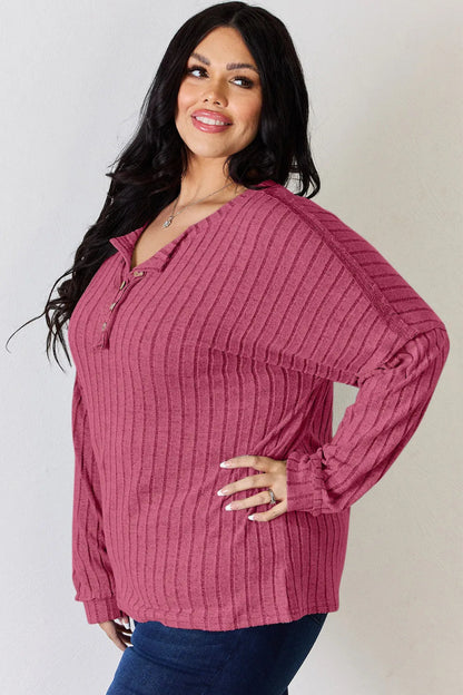 Basic Bae Full Size Ribbed Half Button Long Sleeve T-Shirt - Hopeford Streams