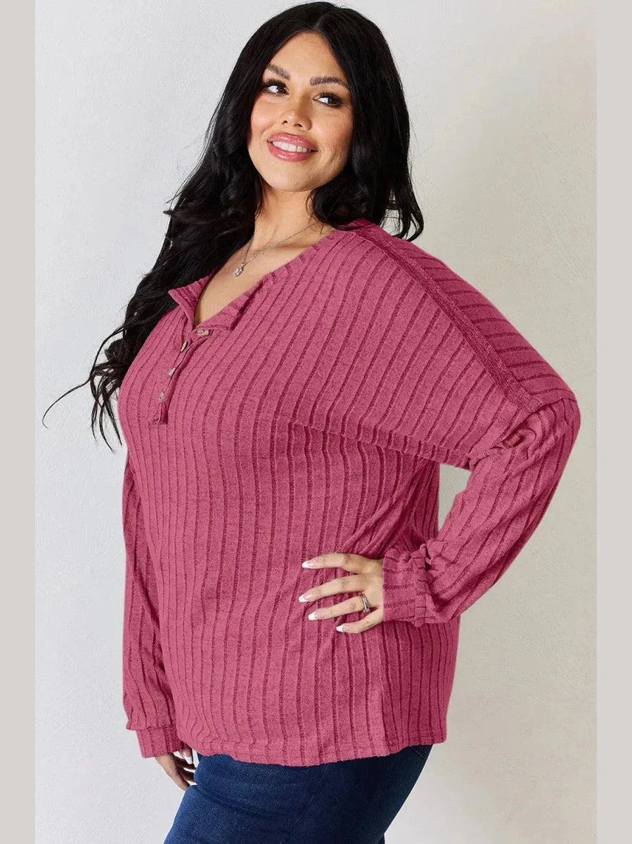 Basic Bae Full Size Ribbed Half Button Long Sleeve T-Shirt -- 