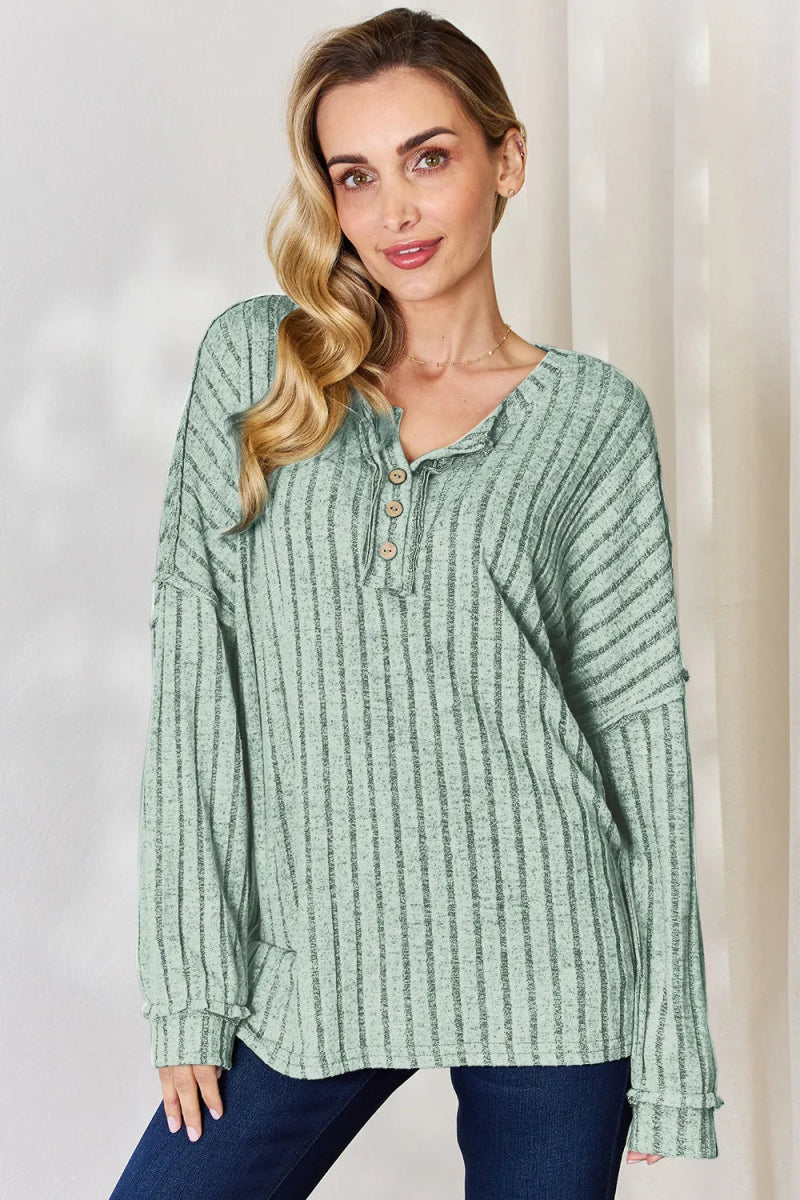 Basic Bae Full Size Ribbed Half Button Long Sleeve T-Shirt - Hopeford Streams