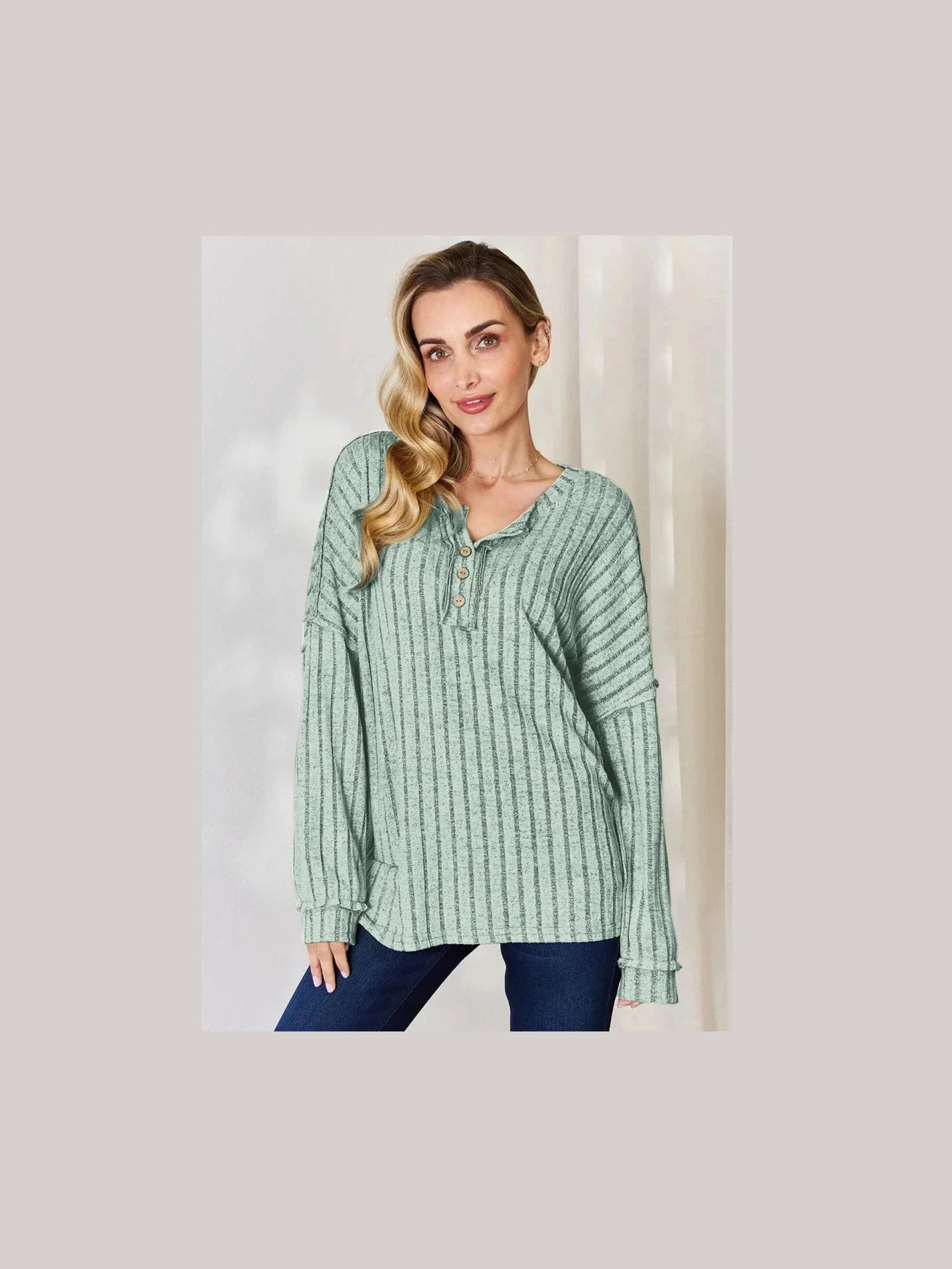 Basic Bae Full Size Ribbed Half Button Long Sleeve T-Shirt -- 