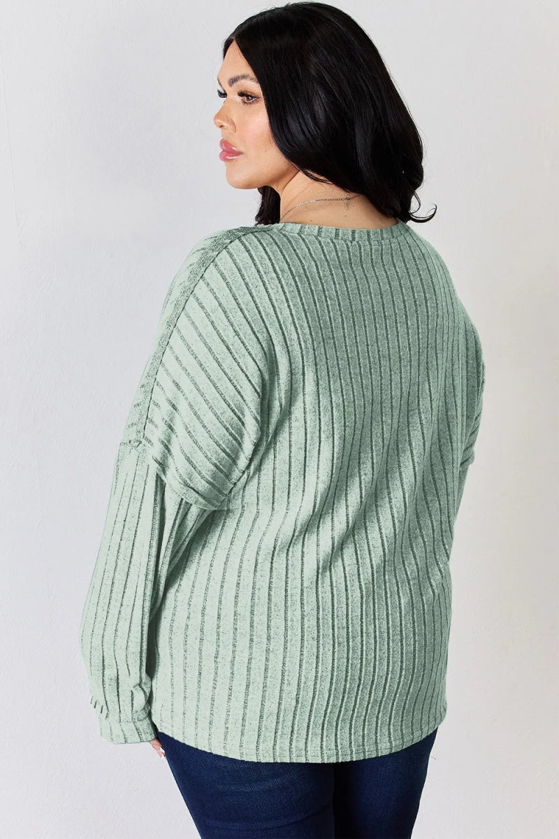 Basic Bae Full Size Ribbed Half Button Long Sleeve T-Shirt - Hopeford Streams