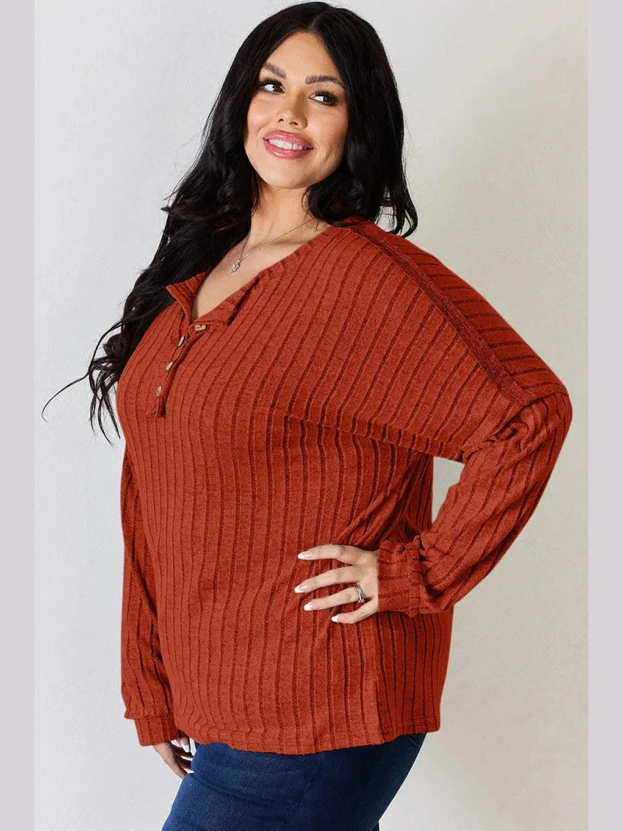 Basic Bae Full Size Ribbed Half Button Long Sleeve T-Shirt -- 