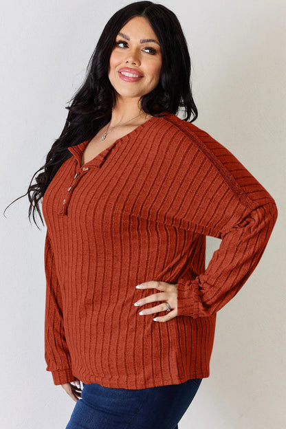 Basic Bae Full Size Ribbed Half Button Long Sleeve T-Shirt - Hopeford Streams