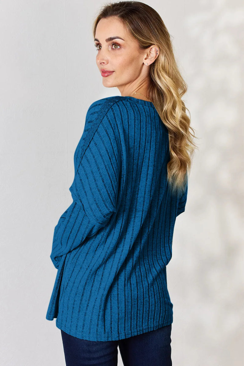 Basic Bae Full Size Ribbed Half Button Long Sleeve T-Shirt - Hopeford Streams