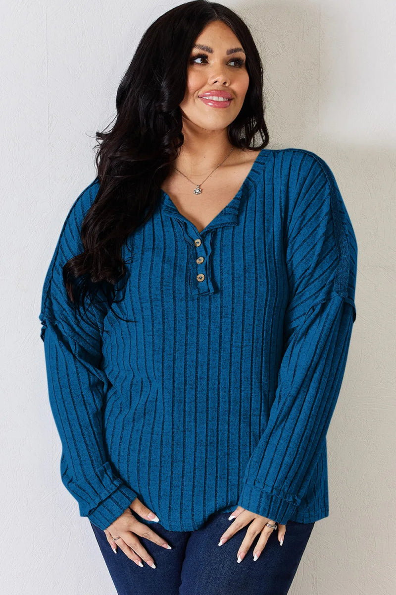 Basic Bae Full Size Ribbed Half Button Long Sleeve T-Shirt - Hopeford Streams