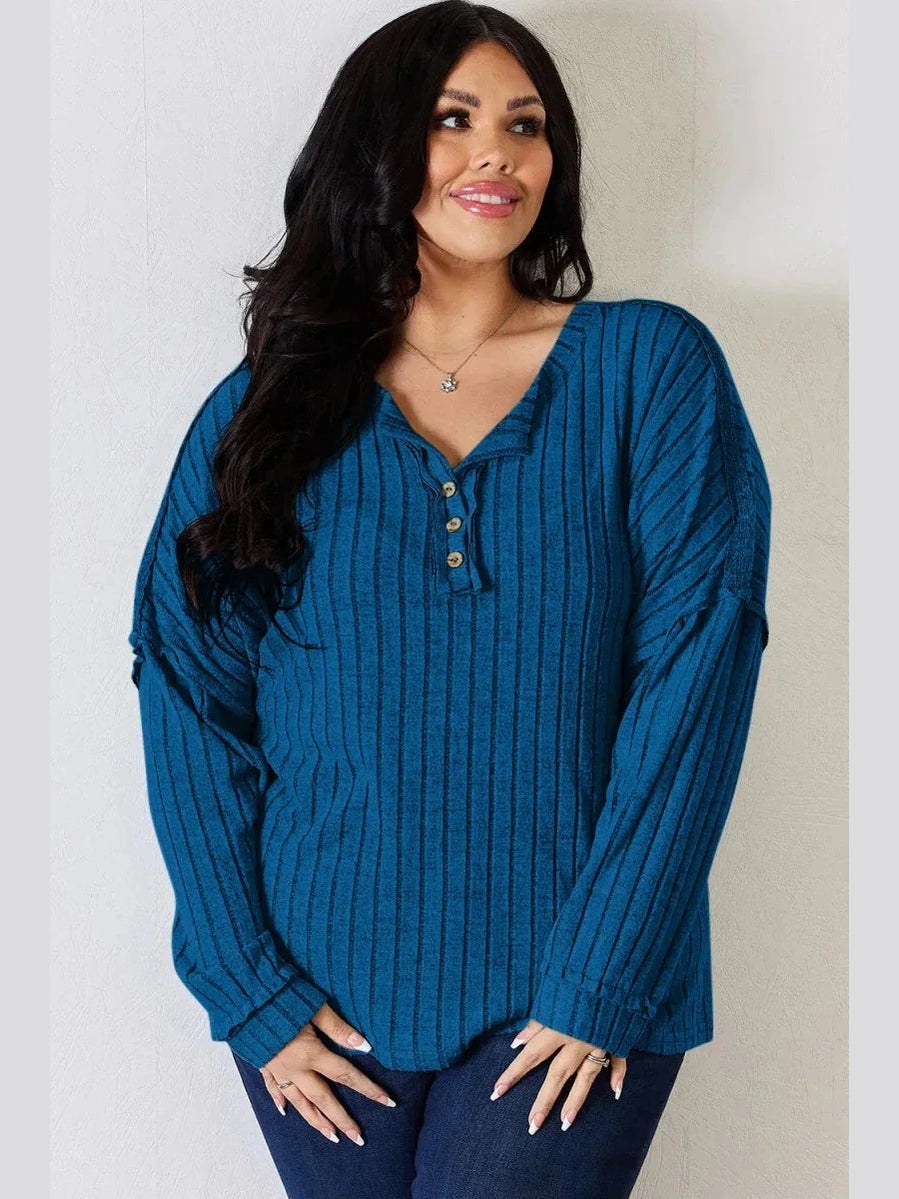 Basic Bae Full Size Ribbed Half Button Long Sleeve T-Shirt -- 