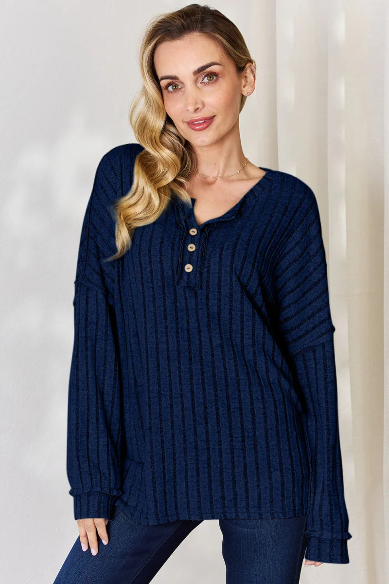 Basic Bae Full Size Ribbed Half Button Long Sleeve T-Shirt - Hopeford Streams