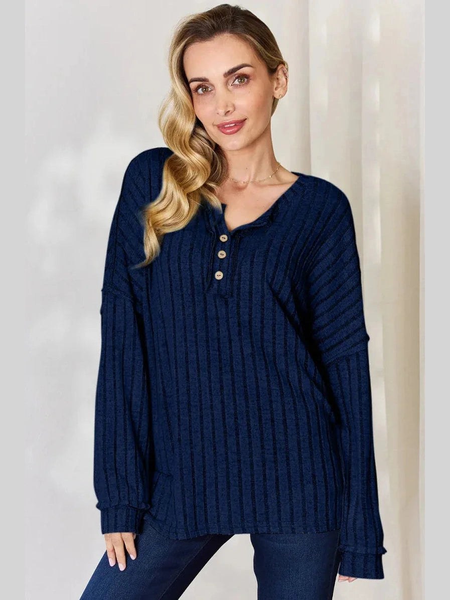 Basic Bae Full Size Ribbed Half Button Long Sleeve T-Shirt -- 