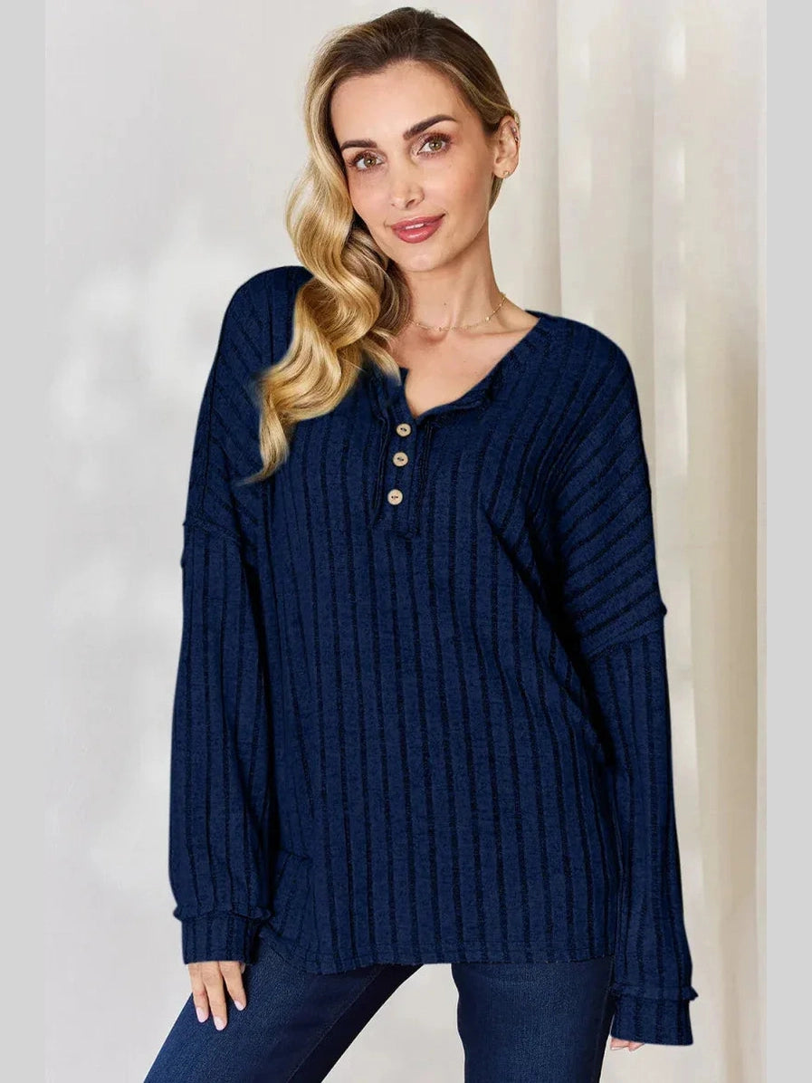 Basic Bae Full Size Ribbed Half Button Long Sleeve T-Shirt -- 