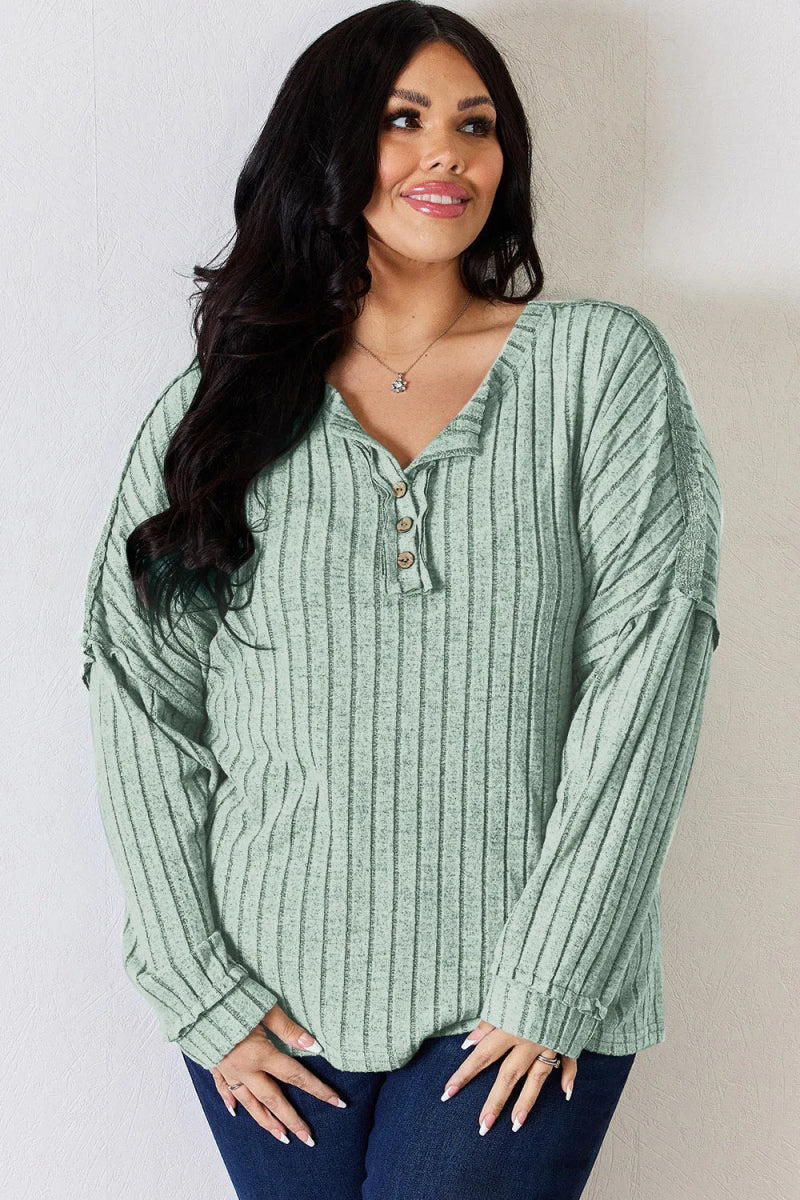 Basic Bae Full Size Ribbed Half Button Long Sleeve T-Shirt - Hopeford Streams
