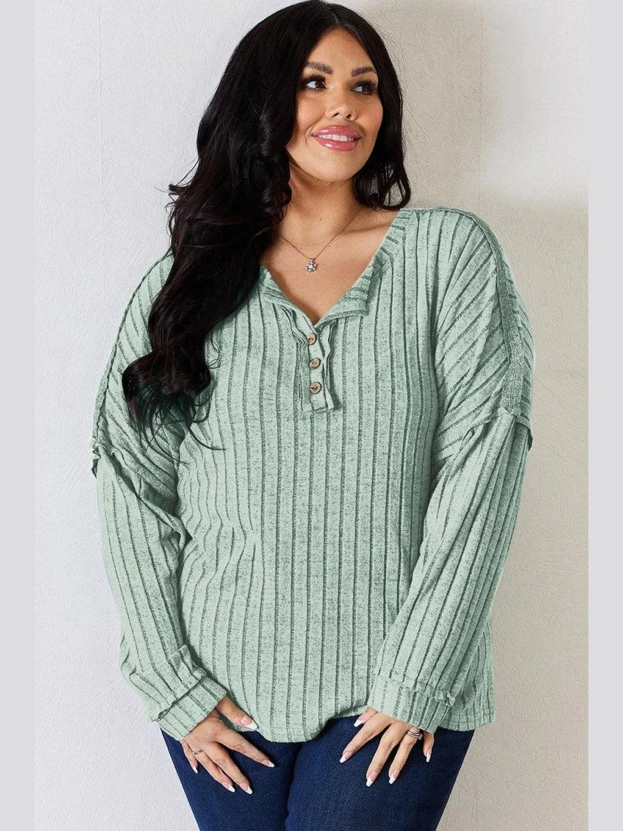Basic Bae Full Size Ribbed Half Button Long Sleeve T-Shirt -- 