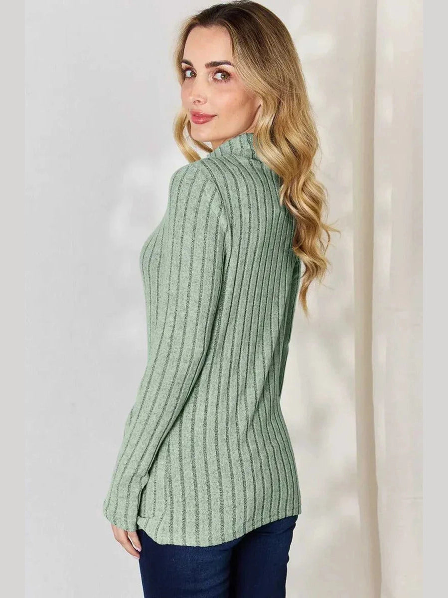 Basic Bae Full Size Ribbed Mock Neck Long Sleeve T-Shirt -- 