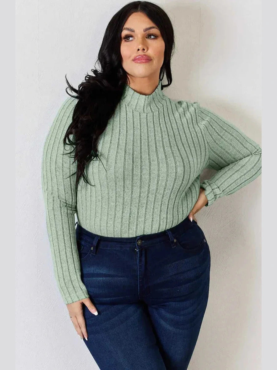 Basic Bae Full Size Ribbed Mock Neck Long Sleeve T-Shirt -- 