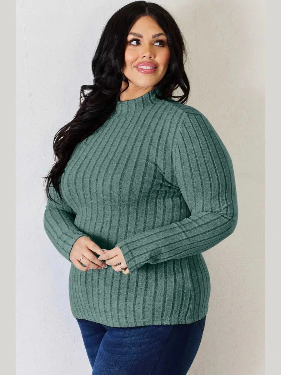Basic Bae Full Size Ribbed Mock Neck Long Sleeve T-Shirt -- 
