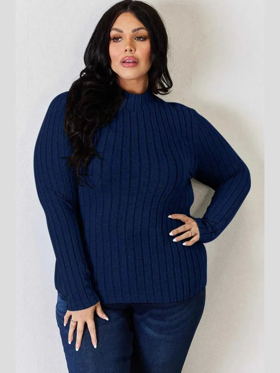 Basic Bae Full Size Ribbed Mock Neck Long Sleeve T-Shirt -- 