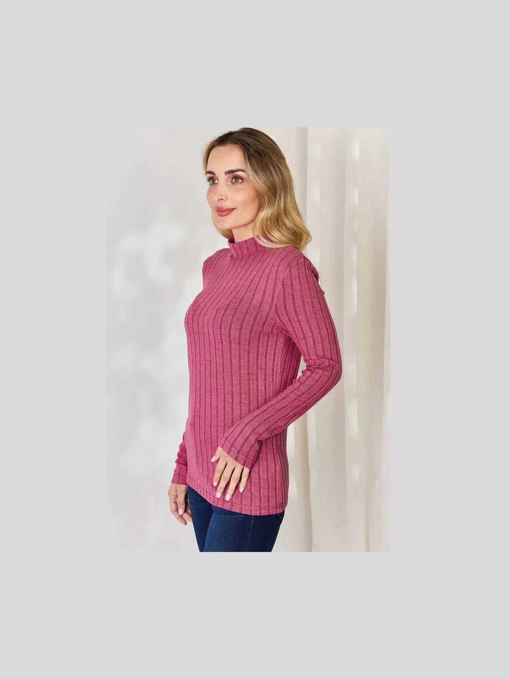 Basic Bae Full Size Ribbed Mock Neck Long Sleeve T-Shirt -- 