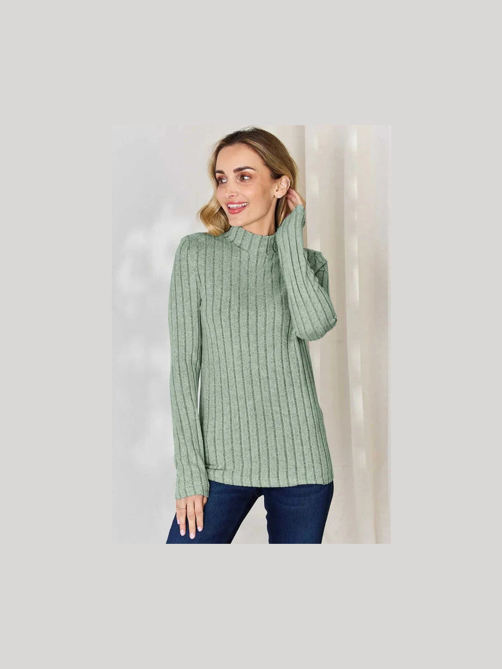 Basic Bae Full Size Ribbed Mock Neck Long Sleeve T-Shirt -- 