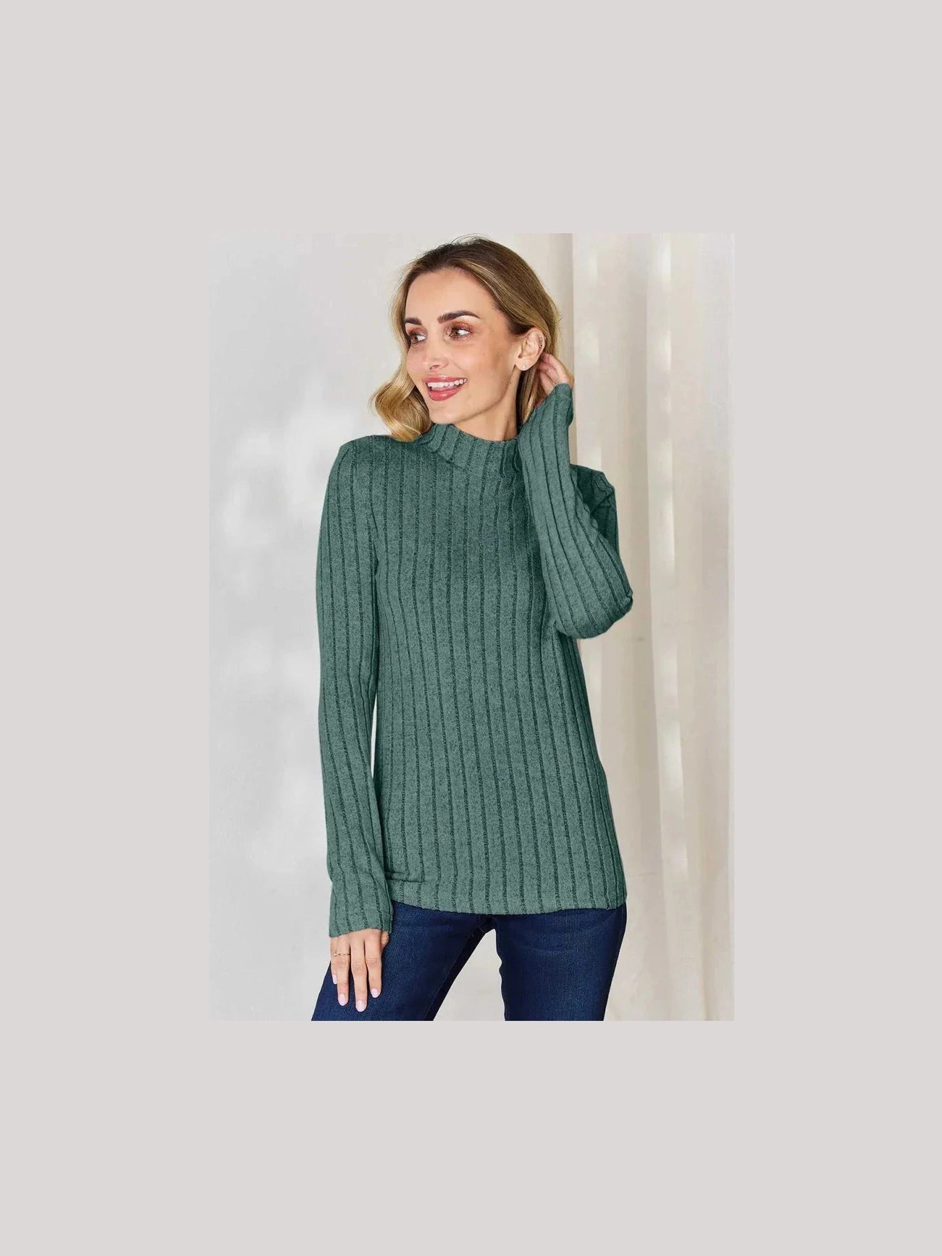Basic Bae Full Size Ribbed Mock Neck Long Sleeve T-Shirt -- 