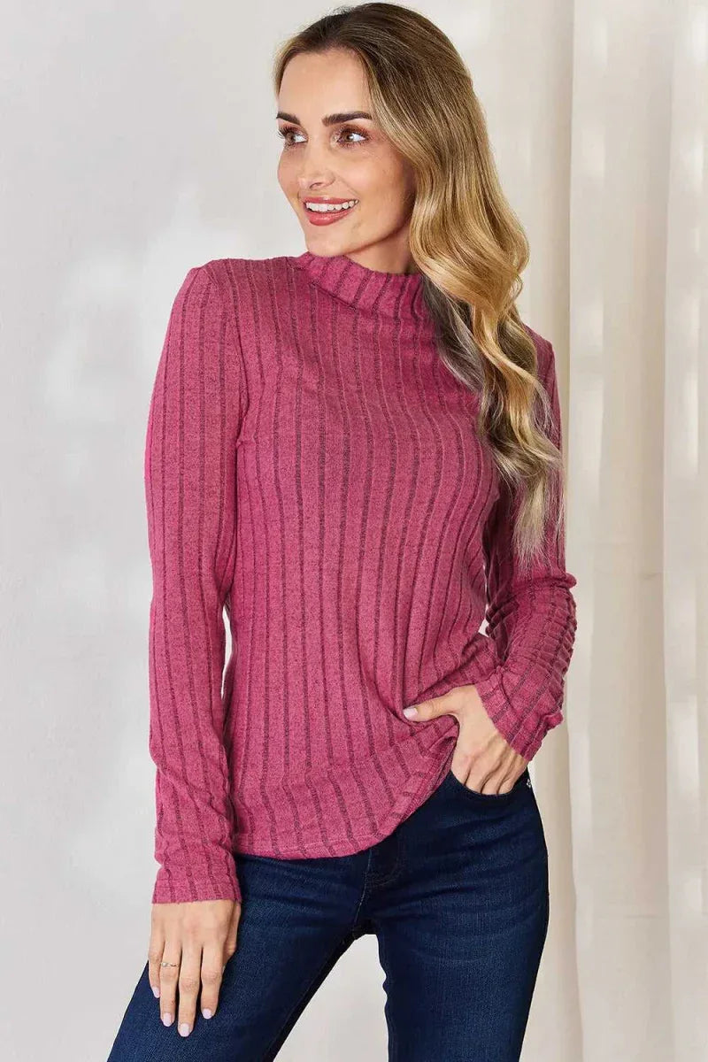 Basic Bae Full Size Ribbed Mock Neck Long Sleeve T-Shirt -- 