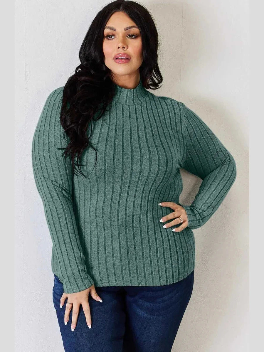Basic Bae Full Size Ribbed Mock Neck Long Sleeve T-Shirt -- 