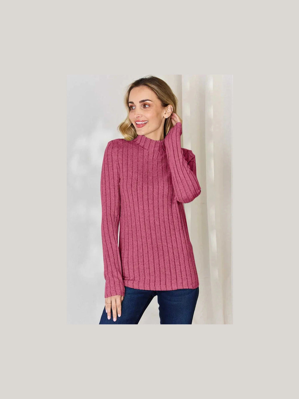 Basic Bae Full Size Ribbed Mock Neck Long Sleeve T-Shirt -- 
