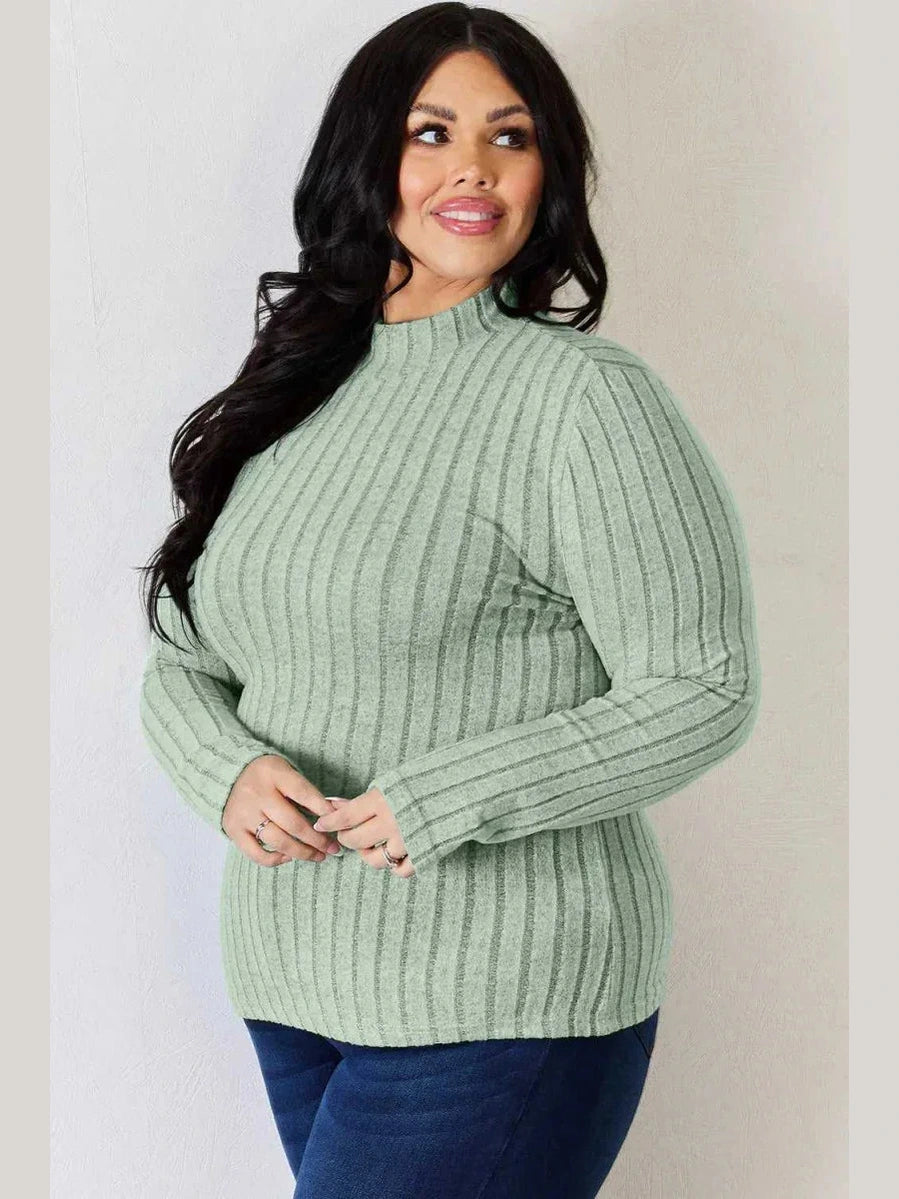 Basic Bae Full Size Ribbed Mock Neck Long Sleeve T-Shirt -- 