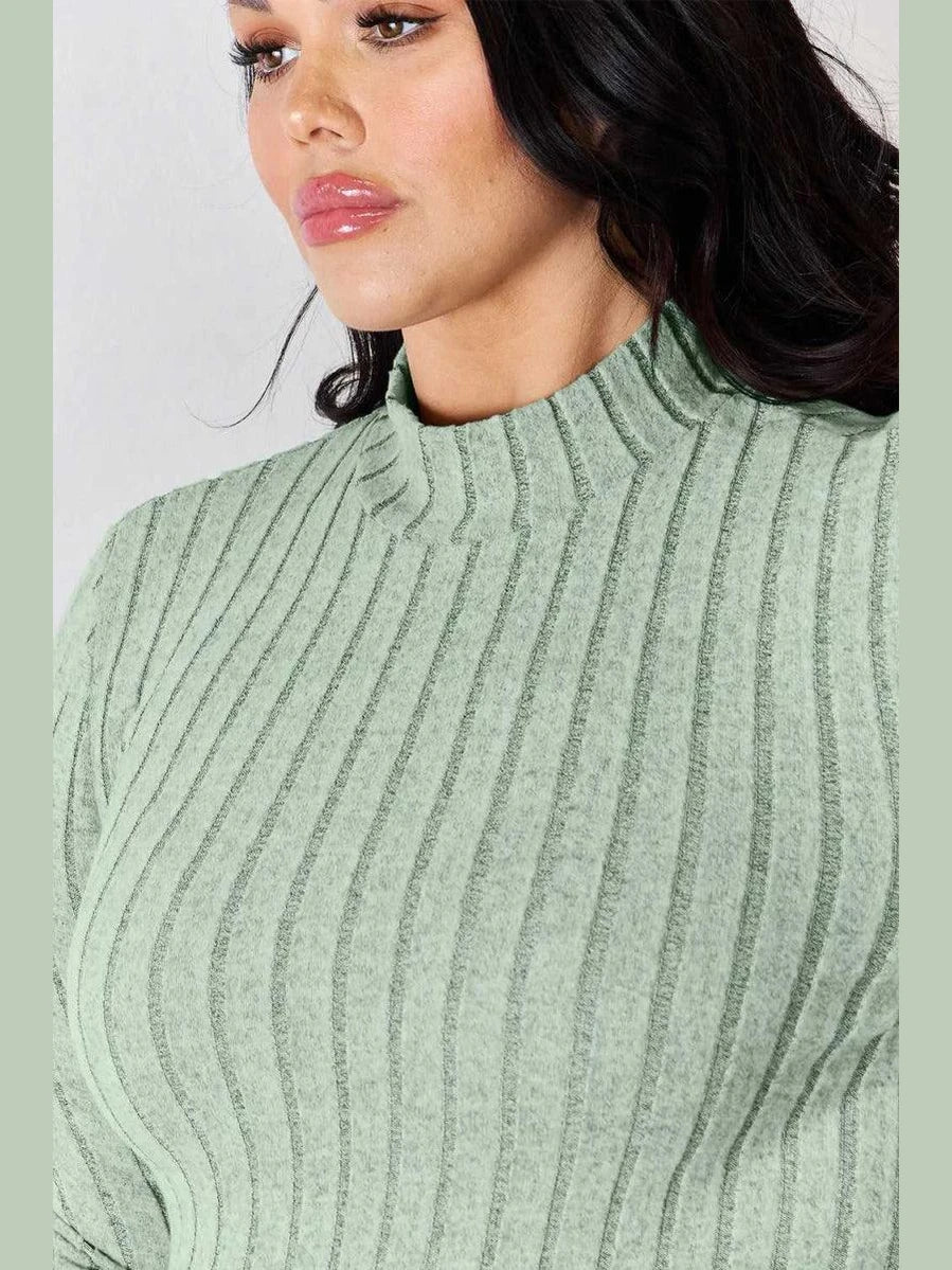 Basic Bae Full Size Ribbed Mock Neck Long Sleeve T-Shirt -- 