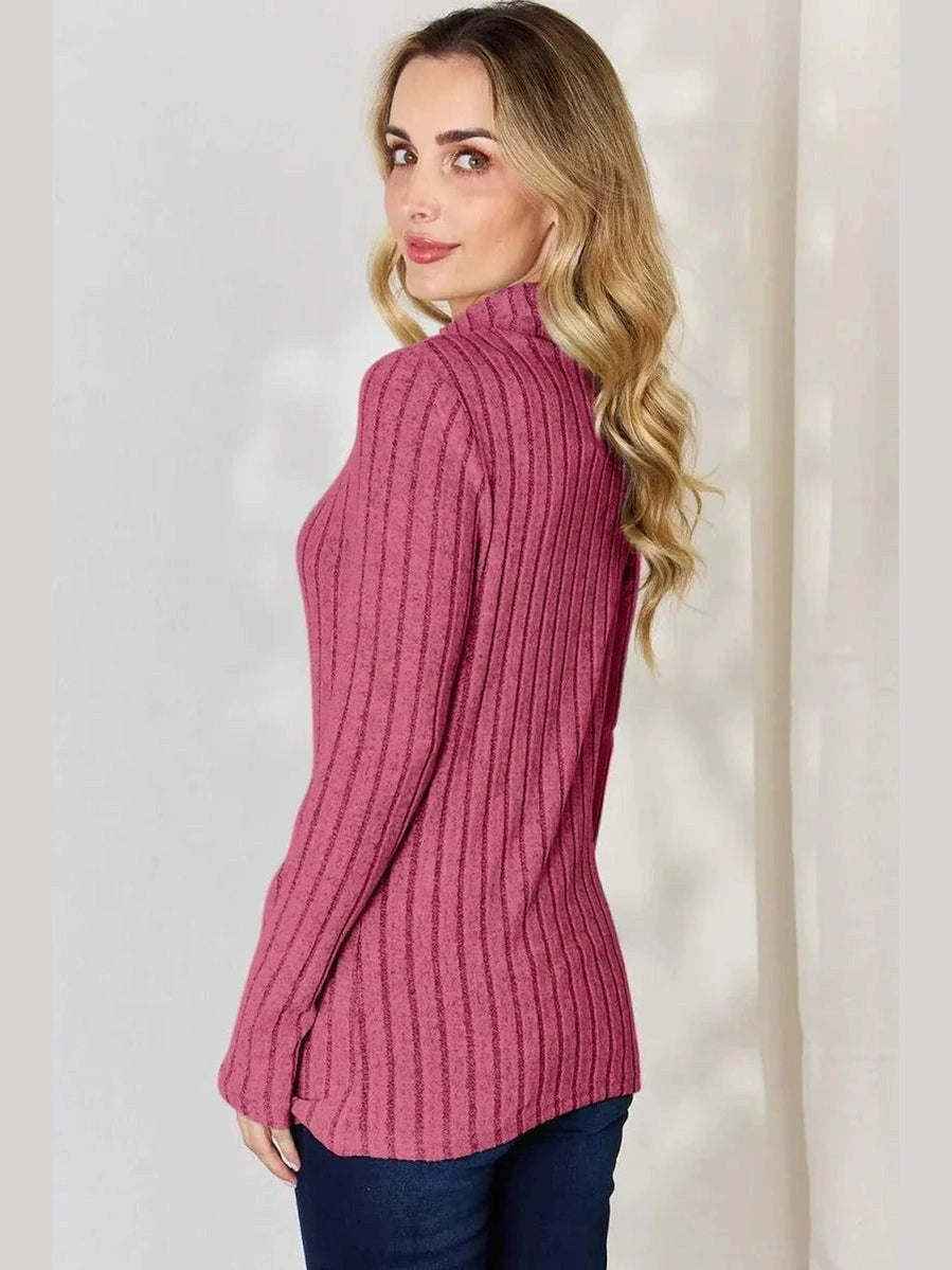 Basic Bae Full Size Ribbed Mock Neck Long Sleeve T-Shirt -- 