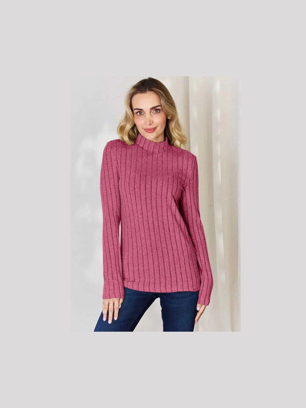 Basic Bae Full Size Ribbed Mock Neck Long Sleeve T-Shirt -- 