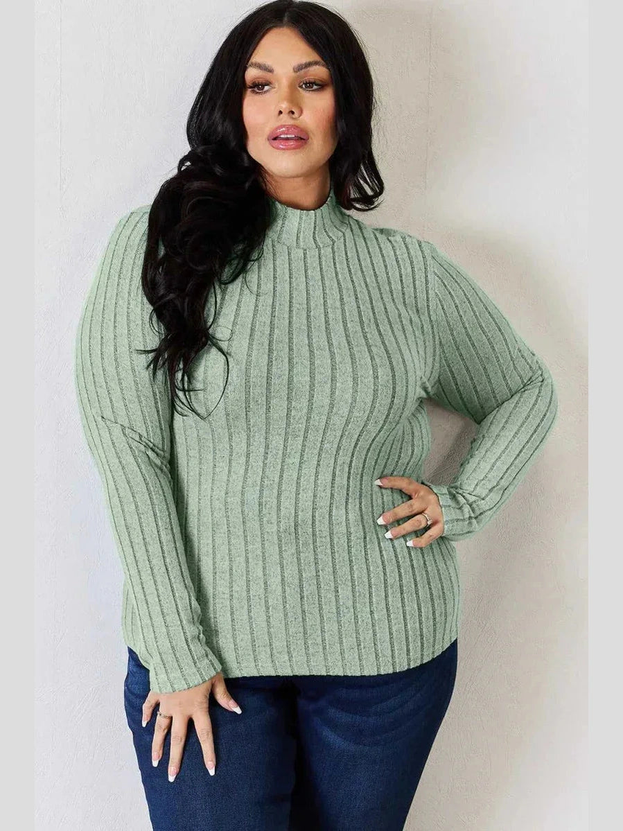 Basic Bae Full Size Ribbed Mock Neck Long Sleeve T-Shirt -- 
