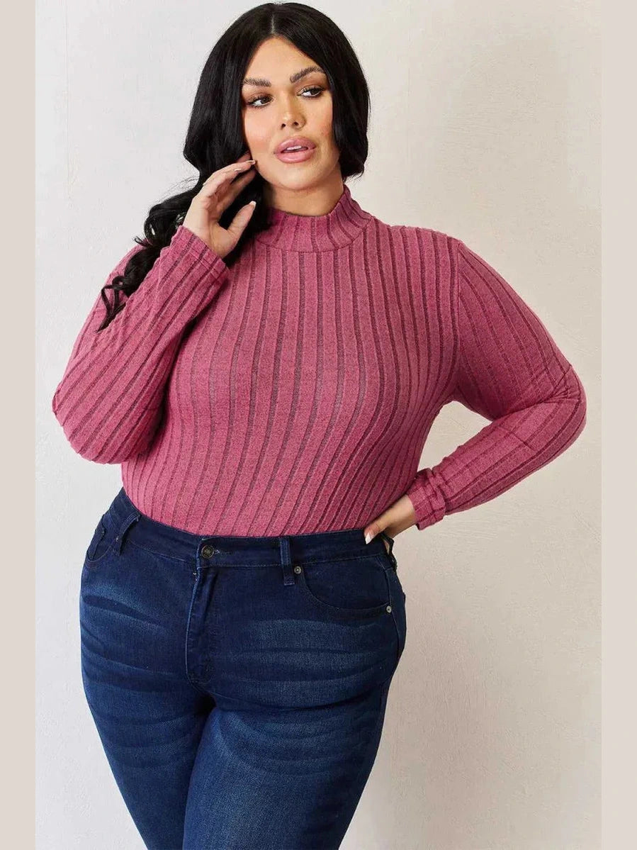Basic Bae Full Size Ribbed Mock Neck Long Sleeve T-Shirt -- 