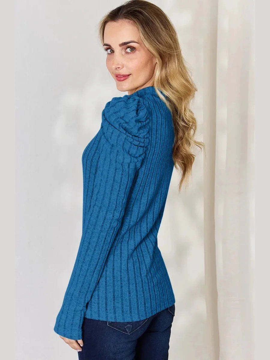 Basic Bae Full Size Ribbed Mock Neck Puff Sleeve T-Shirt -- 