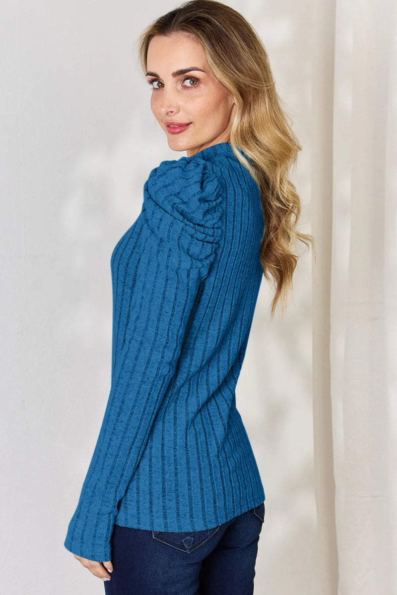 Basic Bae Full Size Ribbed Mock Neck Puff Sleeve T-Shirt - Hopeford Streams