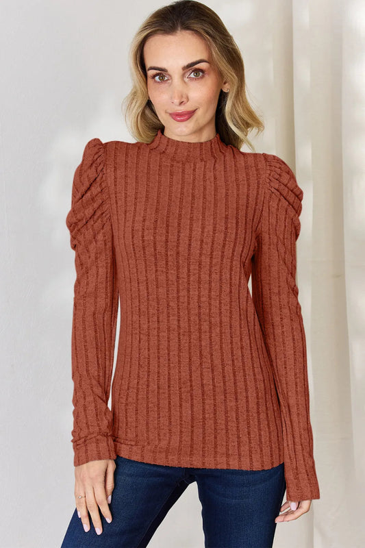 Basic Bae Full Size Ribbed Mock Neck Puff Sleeve T-Shirt - Hopeford Streams
