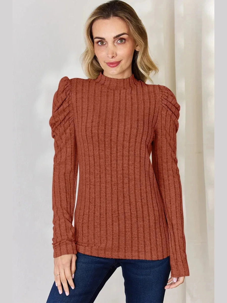 Basic Bae Full Size Ribbed Mock Neck Puff Sleeve T-Shirt -- 