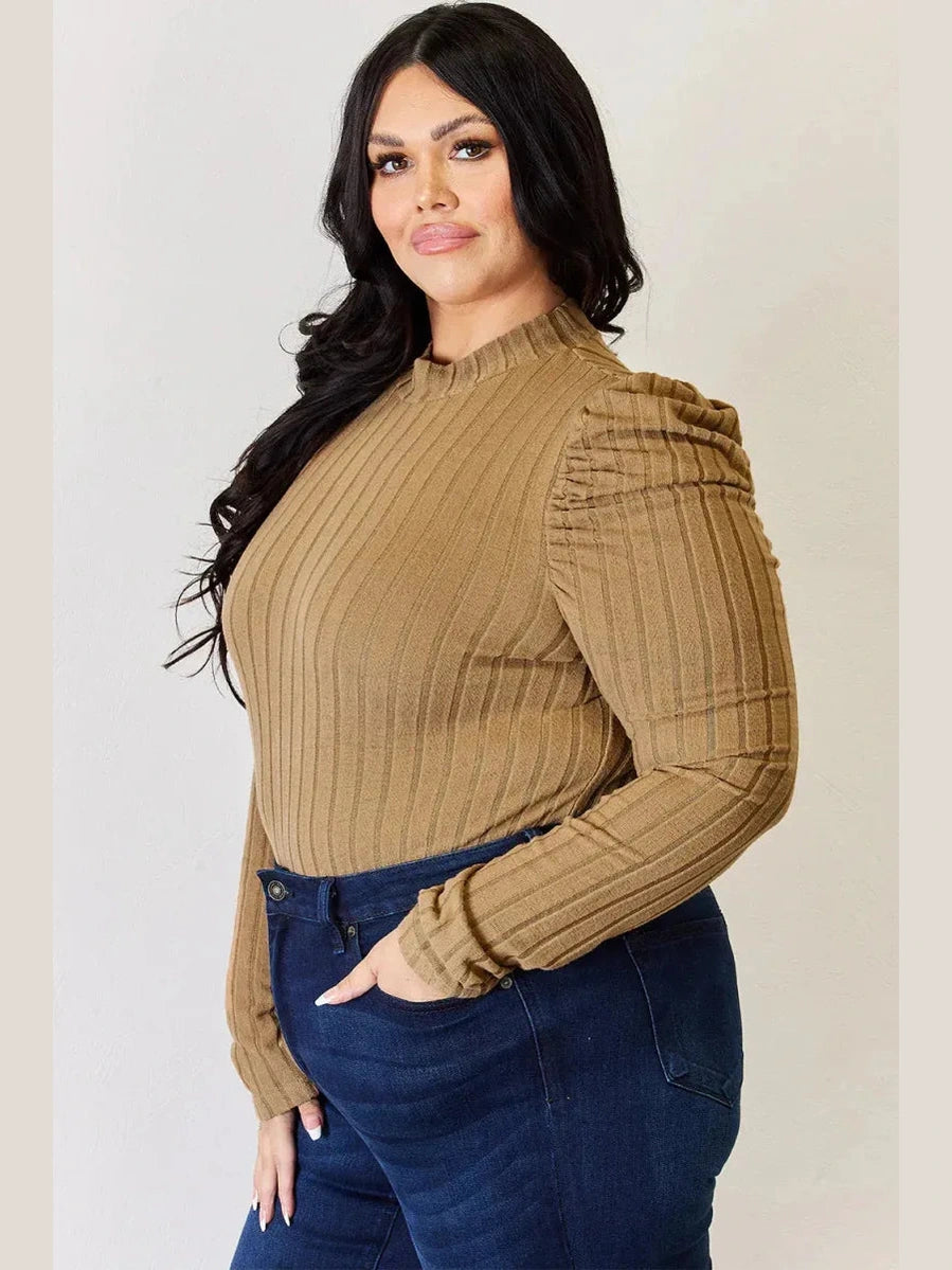 Basic Bae Full Size Ribbed Mock Neck Puff Sleeve T-Shirt -- 