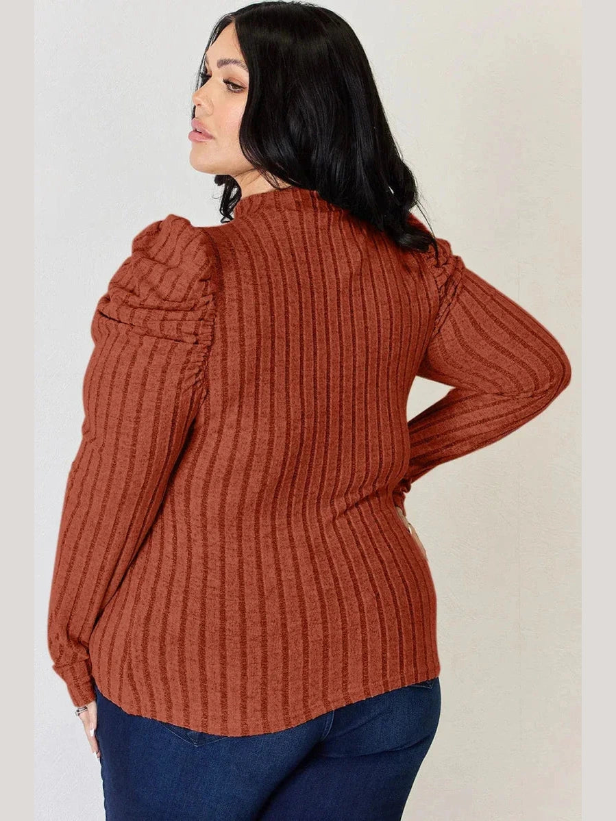 Basic Bae Full Size Ribbed Mock Neck Puff Sleeve T-Shirt -- 