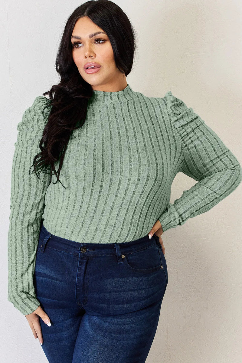 Basic Bae Full Size Ribbed Mock Neck Puff Sleeve T-Shirt - Hopeford Streams