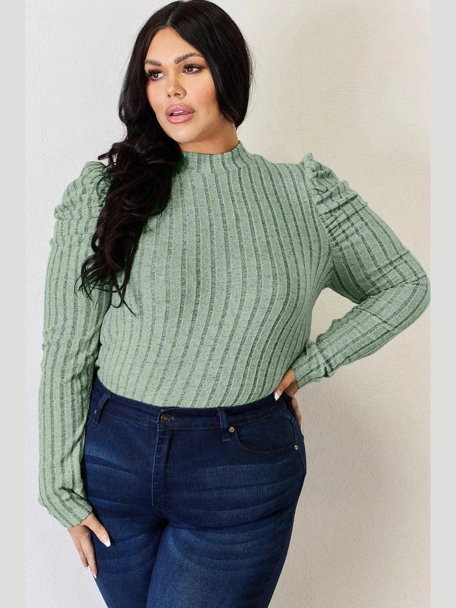 Basic Bae Full Size Ribbed Mock Neck Puff Sleeve T-Shirt -- 