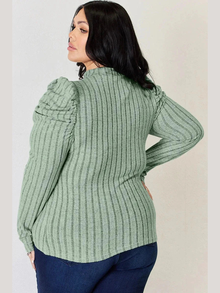 Basic Bae Full Size Ribbed Mock Neck Puff Sleeve T-Shirt -- 