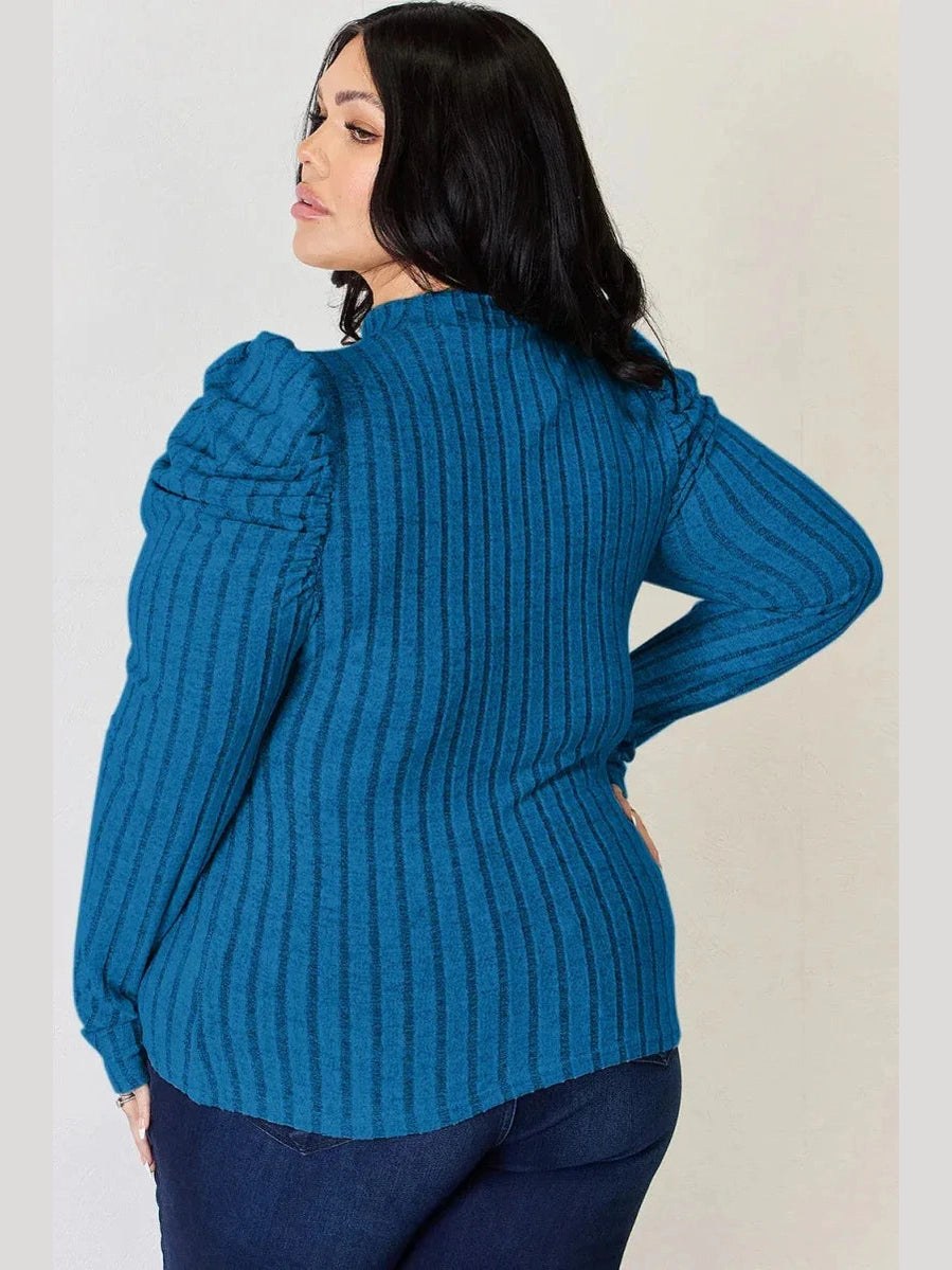 Basic Bae Full Size Ribbed Mock Neck Puff Sleeve T-Shirt -- 